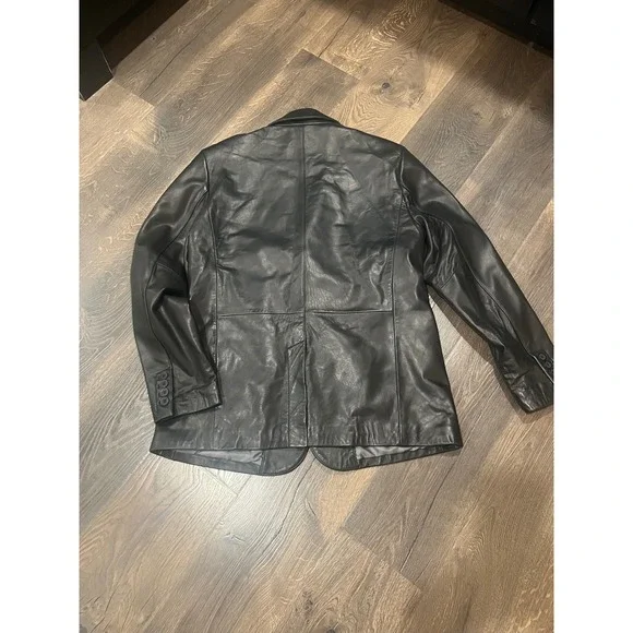 Pelle Studio Genuine Leather Blazer Jacket Womens L‎ Black Two Button Lapel